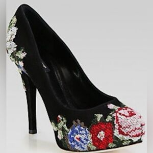 Dolce&Gabbana Suede Floral Embroidered Cross-stitched Patform Pump Heel. Sz 38.5